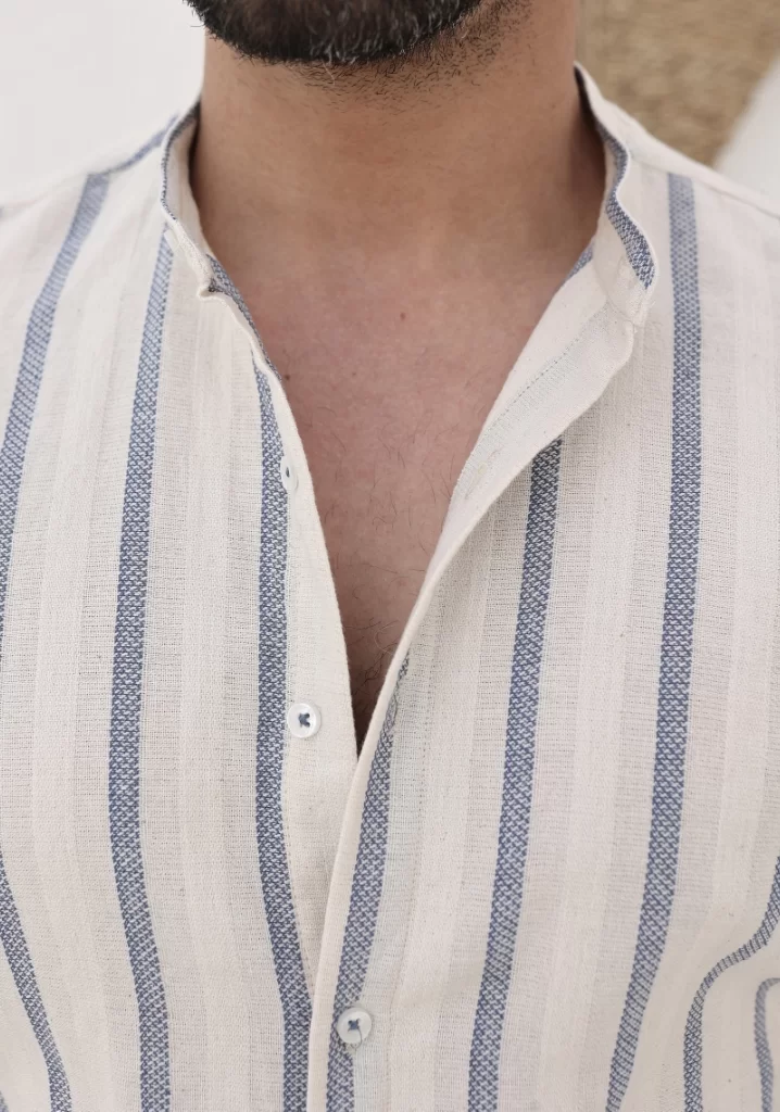 SlimFit Mavi Çizgili Hakim Yaka Pamuk Keten Gömlek