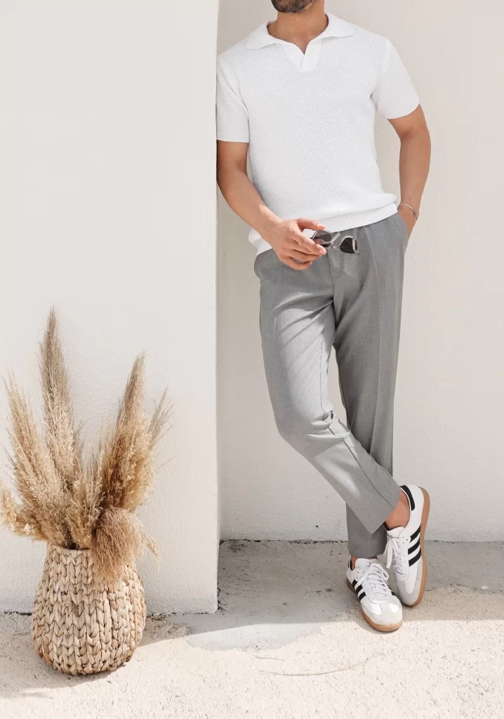 SlimFit Beyaz,Yakalı Pamuk Triko Tişört