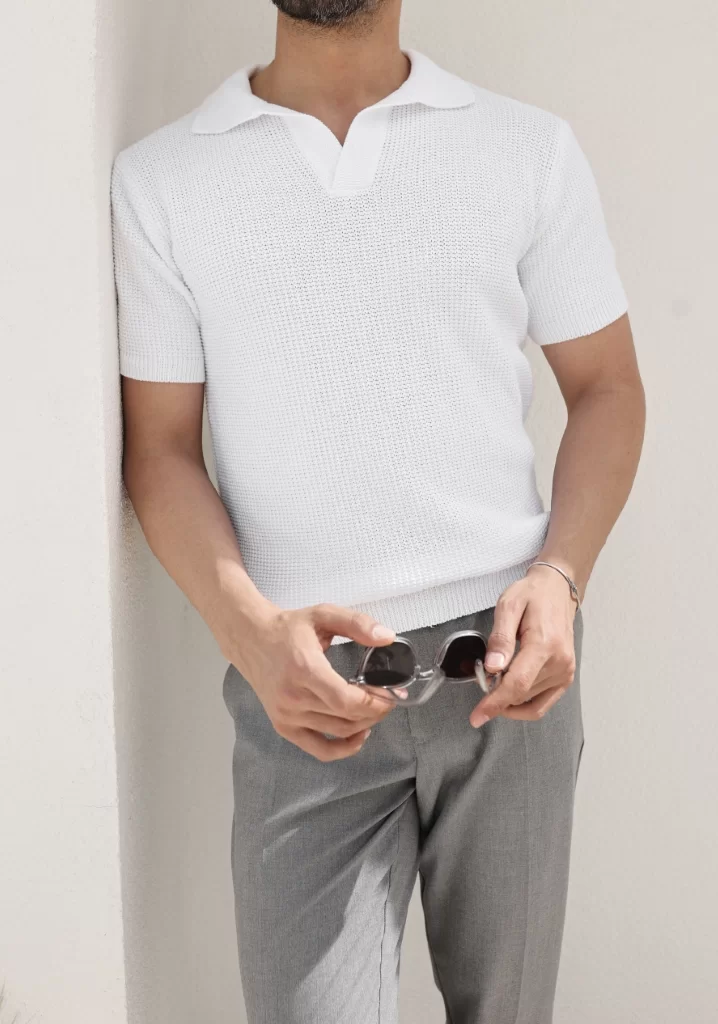 SlimFit Beyaz,Yakalı Pamuk Triko Tişört
