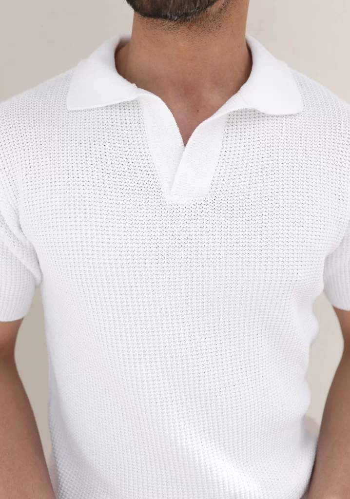 SlimFit Beyaz,Yakalı Pamuk Triko Tişört