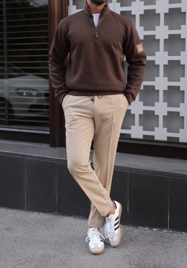 RegularFit Kahve Yarım Fermuarlı Sweatshirt