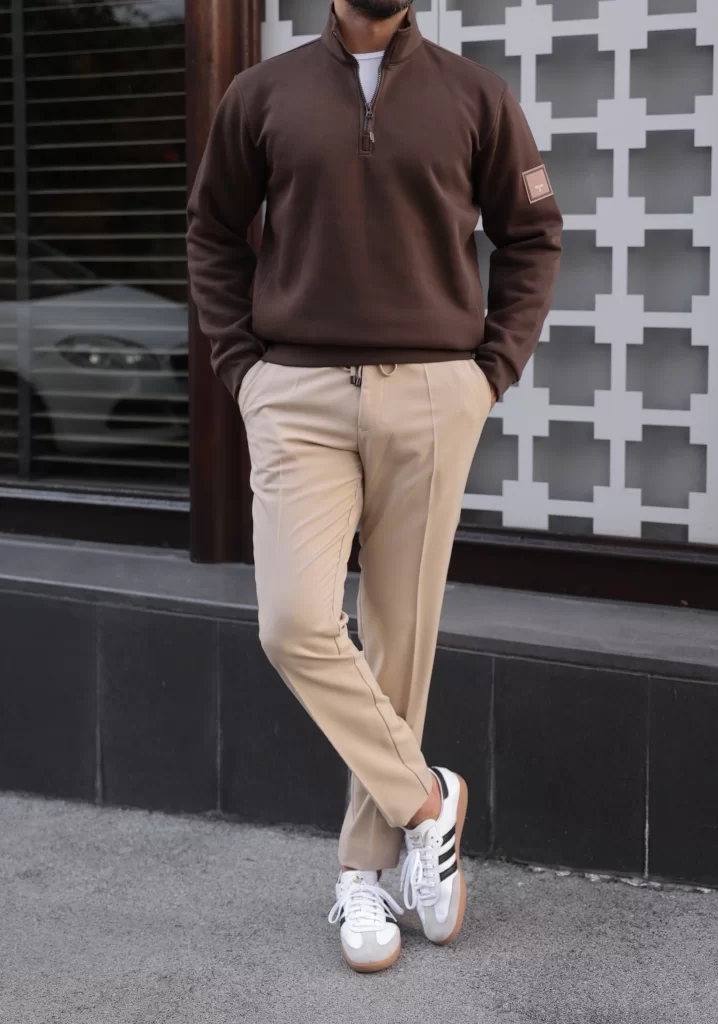 RegularFit Kahve Yarım Fermuarlı Sweatshirt